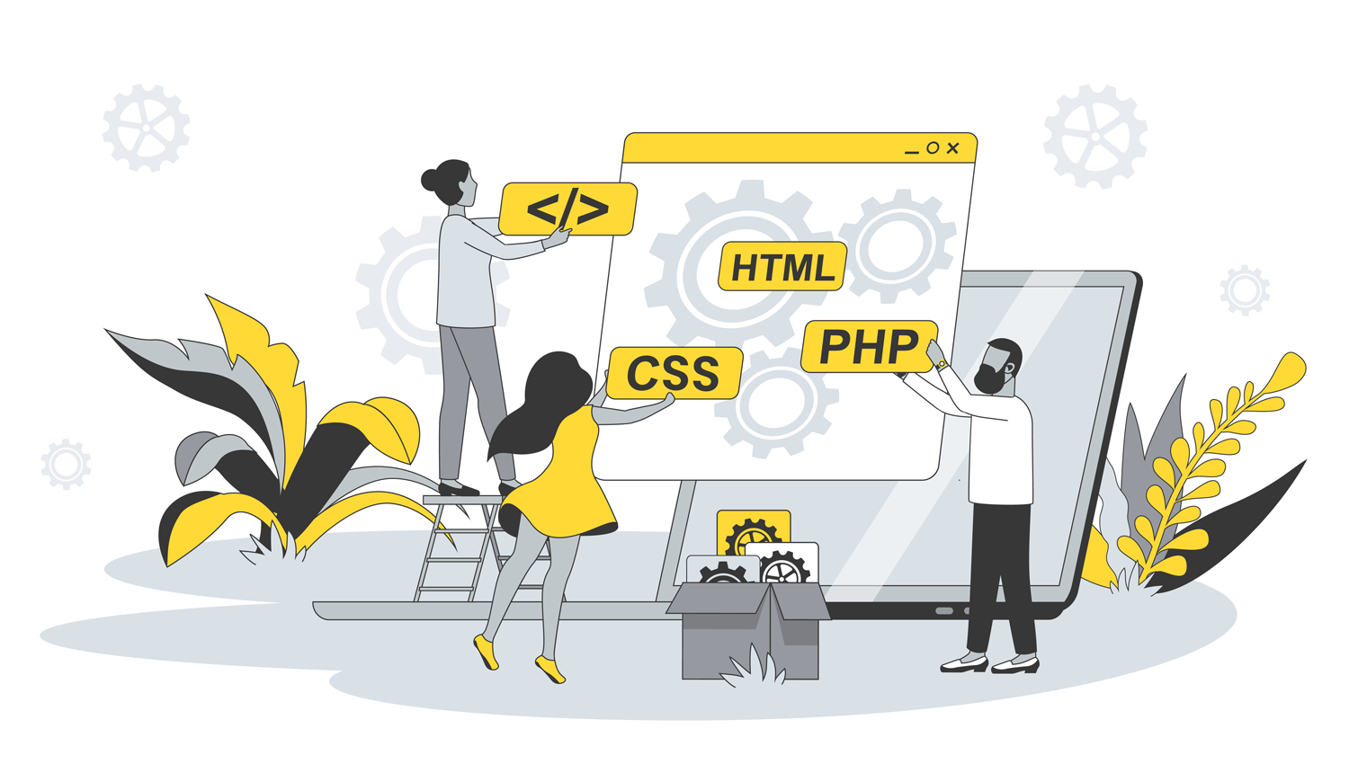 Developing team concept in flat design with people. Man and woman write and test code, programming on different languages, optimize programs. Vector illustration with character scene for web banner