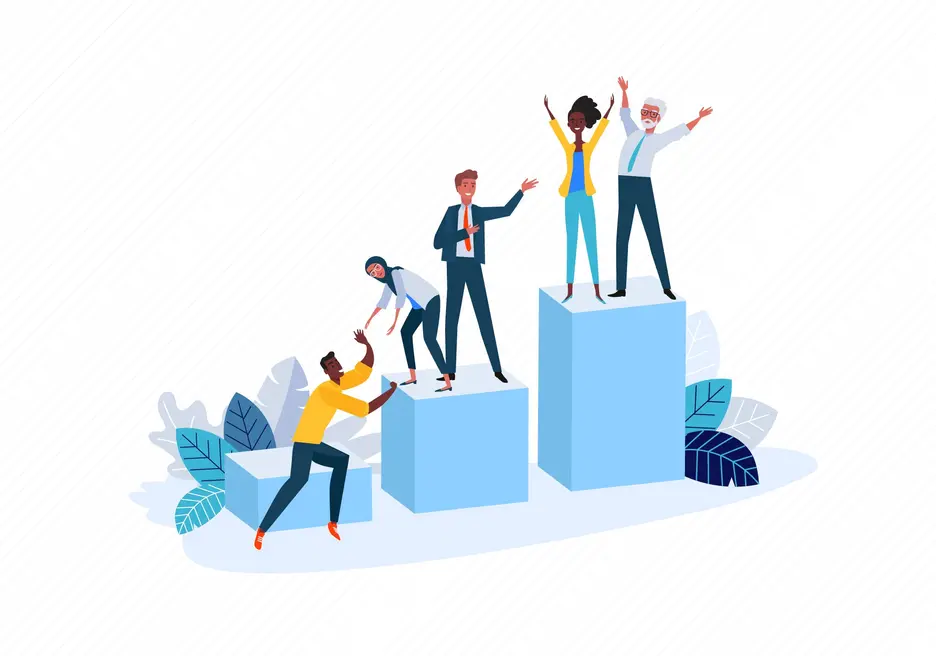 People celebrating success on platforms.